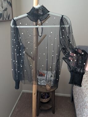 Sheer Black Pearl-Embellished Mock Neck Blouse